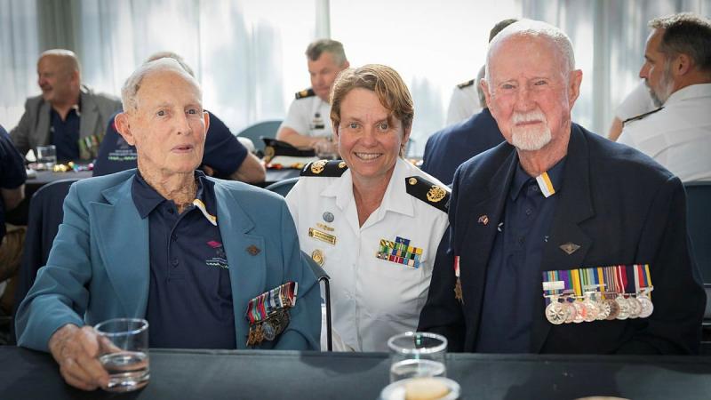 Warrant Officer – Navy Deb Butterworth with two men who were promoted to warrant officer 50 years ago when the rank was reintroduced, Alfred ‘Rusty’ Marquis, left, and Robert Brown, at the anniversary event. Photo: Leading Seaman Kylie Jagiello