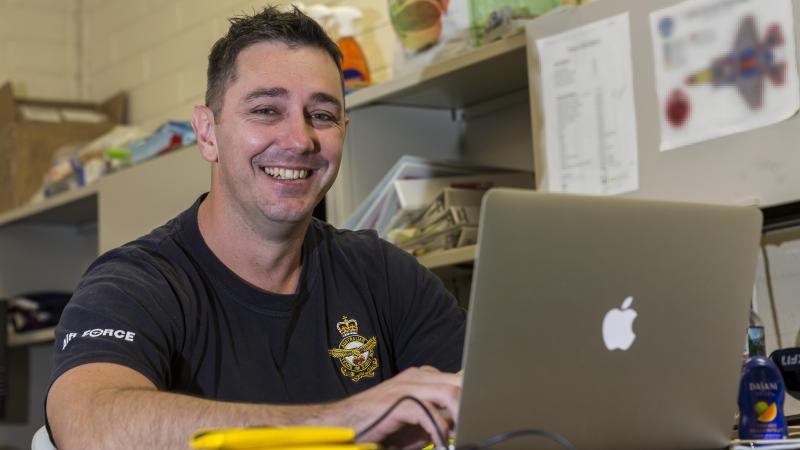 Air Force aviator Flight Sergeant Damian Gardiner was awarded a Conspicous Service Cross for his work helping to introduce the F-35 Lightning II into service. Photo: Corporal Dan Pinhorn.