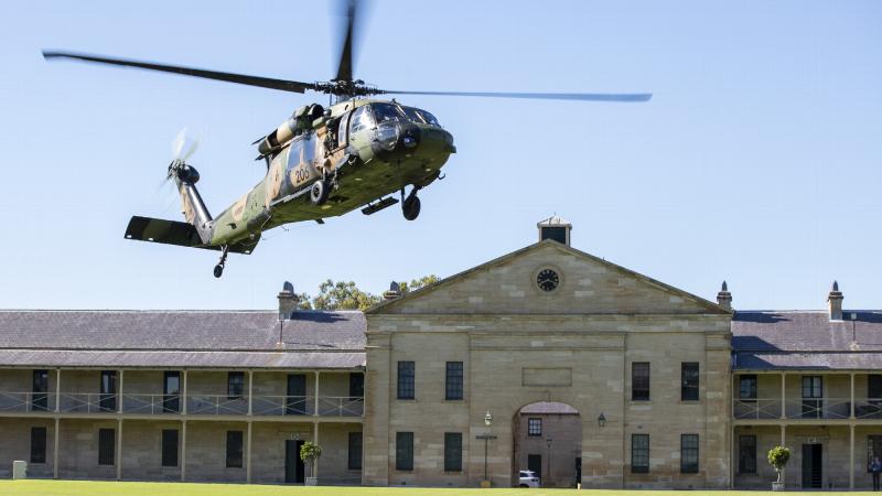 An Australian Army S-70A-9 Black Hawk helicopter lands at Victoria Barracks in Sydney. Photo: Corporal Dustin Anderson