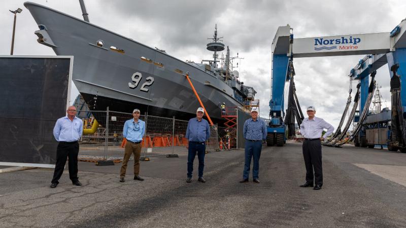 (L-R) General Manager, Tropical Reef Shipyard Mr Rob Downing; CEO Norship Mr Olav Groot; Member for Leichhardt, Warren Entsch; Minister for Defence, Peter Dutton; Independent Chair for NORSTA Maritime Maurie McNarn at the Norship facility, Cairns.   