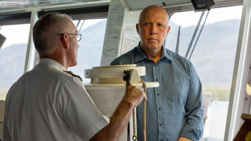 While in Cairns for the announcement, Minister for Defence Peter Dutton talks with Deputy Chief of the Royal Australian Navy Rear Admiral Christopher Smith on board HMAS Leeuwin. Photo: Leading Seaman Shane Cameron