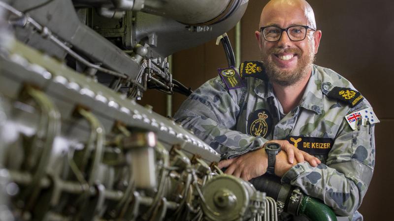 Petty Officer marine technician Paul De Keizer in the Marine Engineering Demonstration Building at HMAS Cerberus, Victoria. Photo: Petty Officer James Whittle