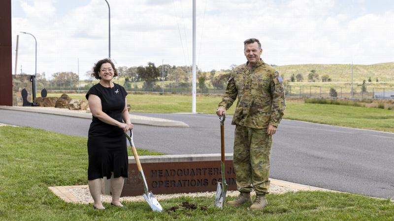 Deputy Secretary Security and Estate Group Celia Perkins and Chief Joint Operations Lieutenant General Greg Bilton conduct a sod-turning ceremony to mark the start of upgrade works at HQJOC. Photo: Nicole Mankowski