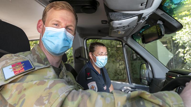 Army soldier Private Mathew Dowthwaite behind the wheel of an ambulance during driver training at the Ambulance Victoria Training Centre in Sunshine, Victoria. Photo: Leading Seaman James McDougall.