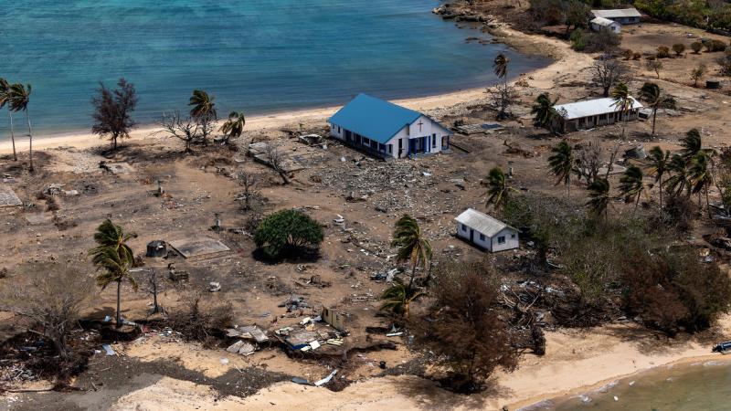 Damage to Atata Island in Tonga, following the eruption of the Hunga Tonga-Hunga Ha’apai underwater volcano and subsequent tsunami. Photo: Petty Officer Christopher Szumlanski