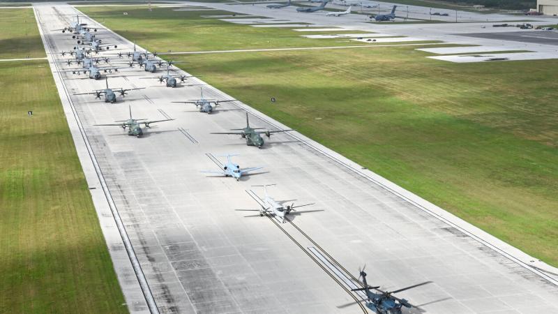 Royal Australian Air Force aircraft join United States Air Force and Japan Air Self-Defense Force aircraft on the taxiway at Andersen Air Force Base in Guam prior to conducting a multinational airdrop during Exercise Cope North 2022. Photo: USAF.
