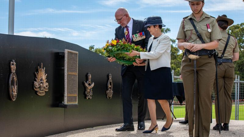 Governor-General Gen (retd) David Hurley and Mrs Linda Hurley lay a wreath during the ceremony for the 80th anniversary of the Bangka Island massacre at the Women's Memorial Playing Fields in Adelaide. Photo: Private Haidarr Mohammed