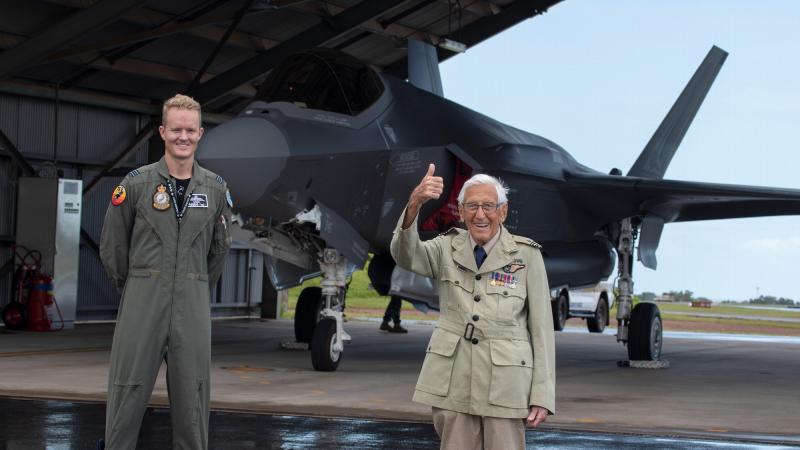 Former Royal Australian Air Force wireless air gunner and World War II veteran Brian Winspear gives a thumbs up to the F-35A Lightning II during a visit to RAAF Base Darwin. Photo: Sergeant Pete Gammie