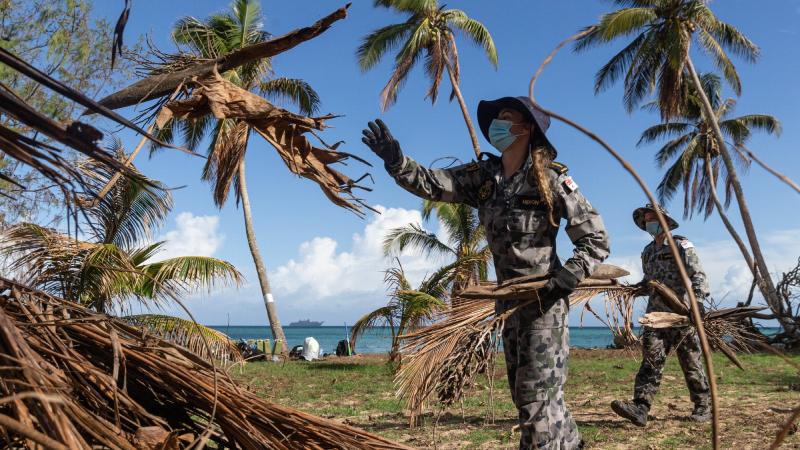 Navy sailor Able Seaman Christina Heron clears dead vegetation on Pangaimotu Island, Tonga, during Operation Tonga Assist 2022. Photo: Leading Seaman David Cox