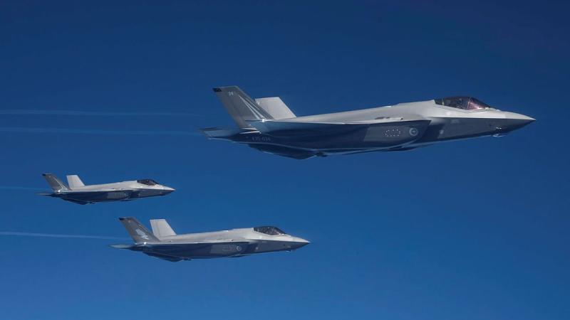 Three Royal Australian Air Force F-35A Lightning II aircraft from No. 77 Squadron prior to mid-air refueling over the Pacific Ocean during Exercise Cope North 22. Photos: Leading Aircraftman Sam Price