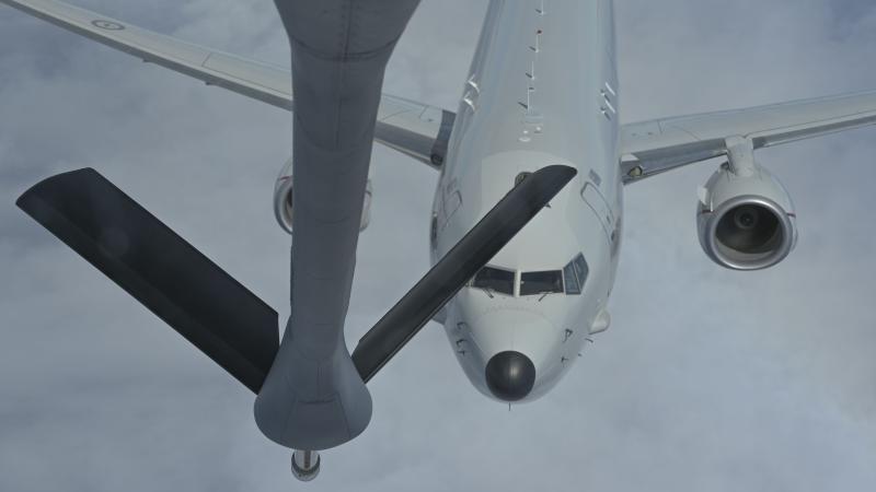 A Royal Australian Air Force P-8A Poseidon prepares for a refuel by a US Air Force KC-135 Stratotanker during exercise Sea Dragon 2022, near the Philippine Sea. Photo: Airman 1st Class Breanna Gossett, US Air Force.