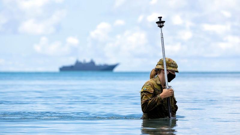 Able Seaman Shannae Fiddyment conducts a survey in waters off Pangaimotu Island, Tonga, as part of Operation Tonga Assist 2022. Photo: Petty Officer Jake Badior