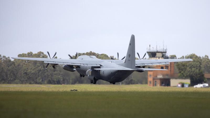 An Air Force C-130J Hercules aircraft, loaded with humanitarian assistance and supplies departs RAAF Base Amberley, Queensland, bound for Tonga for Operation Tonga Assist 2022. Photo: Leading Aircraftwoman Kate Czerny