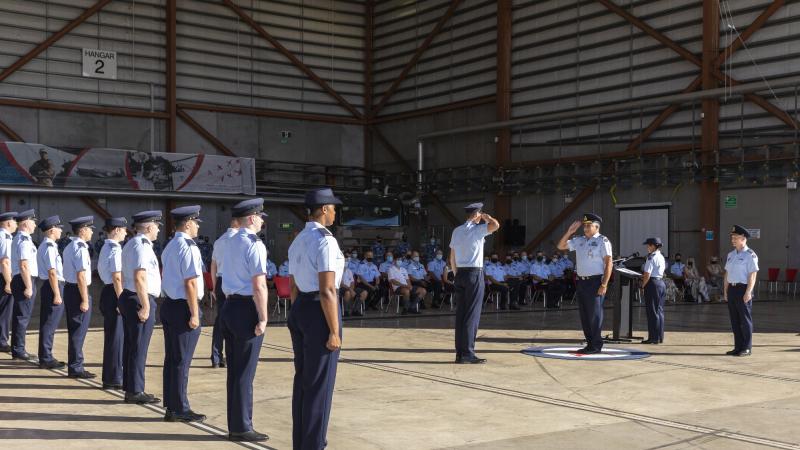 Royal Australian Air Force officer Air Commodore Nick Osborne, outgoing Commander of Surveillance and Response Group, returns the salute during the transfer of command ceremony at RAAF Base Williamtown. Photos: Leading Aircraftman Samuel Miller