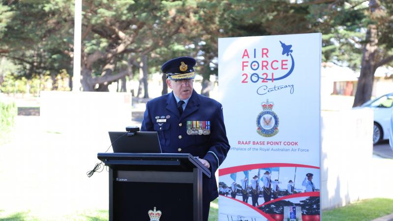 Director-General Logistics - Air Force Air Commodore Grant Pinder addresses the audience during the Air Force Equipment Branch plaque unveiling at RAAF Base Point Cook. Photos: Leading Aircraftwoman Chloe Bruer-Jones