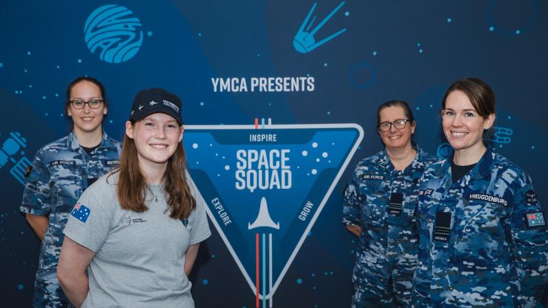 Sergeant Amy Hestermann-Crane, left, Phoebe Budd, Chaplain Nikki Coleman and Squadron Leader Mel Vreugdenburg at the Bush Capital Lodge in Canberra for the YMCA Space Squad camp. Photos: Leading Aircraftman Adam Abela