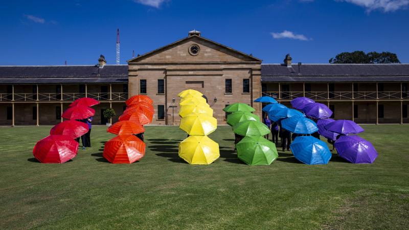 Australian Defence Force and Defence personnel at Victoria Barracks in Sydney prior to the 2021 Gay and Lesbian Mardi Gras Parade. Photo: Leading Seaman Nadav 