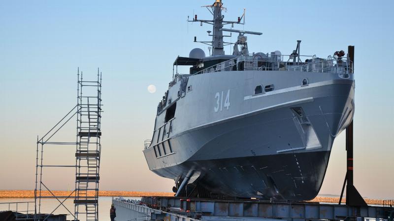 Cape Ottway, the first Evolved Cape-class patrol boat ready for launch at the shipyard in Henderson. Image courtesy of Austal