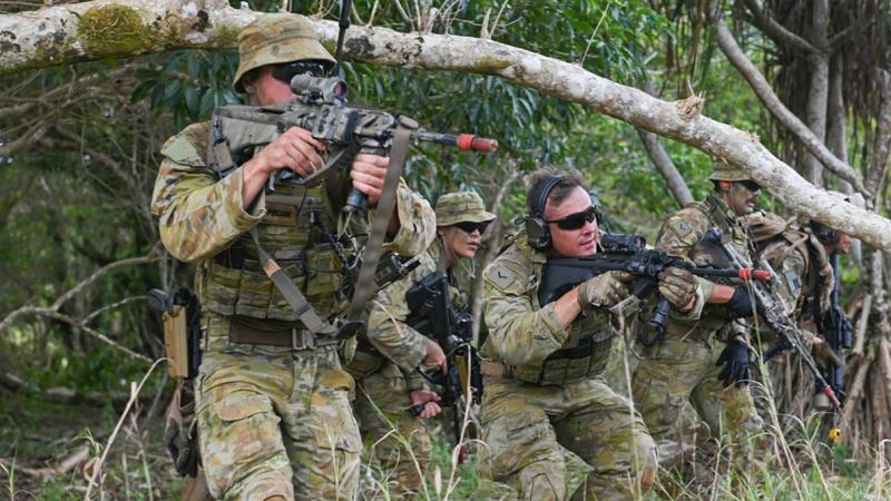 Royal Australian Air Force airfield defence guards from No. 1 Security Forces Squadron conduct an assault as part of Exercise Pacific Defender 2022 at Andersen Air Force Base, Guam. Photo: Airman 1st Class Breanna Gossett