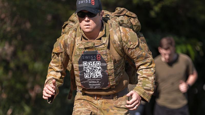Captain Shannon Lemanski in training at Gallipoli Barracks wearing body armour and carrying an 18kg backpack. Photo: Cpl Nicole Dorrett.