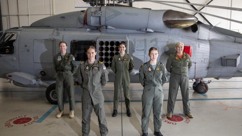 Navy's Fleet Air Arm personnel at HMAS Albatross: Sub Lieutenant Stephanie Hudson, left, Lieutenant Rhianna Nelson, Sub Lieutenant Tiffany McCormack, Sub Lieutenant Grace Bonnitcha and Lieutenant Clare Nickels. Photo: Leading Seaman Ryan Tascas