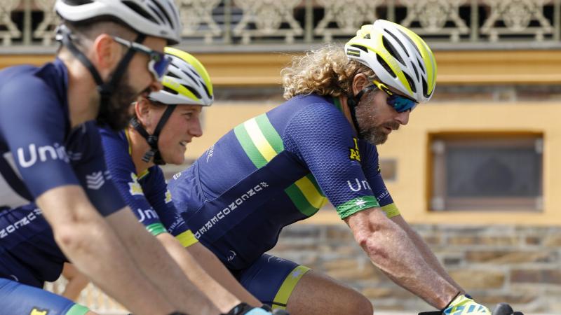 Invictus Games 2020 Team Australia competitors Scott Reynolds, right, and Emma Murfet, centre, during a cycling training camp with University of South Australia staff in Adelaide, SA. Photo: Corporal Kieren Whiteley