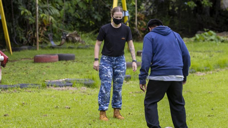 Australian Defence Force personnel participate in sporting activities at a local school in the Republic of Palau. Photo: Leading Seaman Nadav Harel