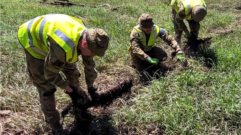Australian Army soldiers from 7th Brigade assist a farmer near Gatton, Queensland, by cleaning fences of flood debris and checking their integrity. 