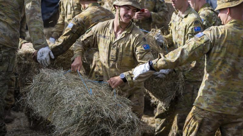 Private Patrick Hyland, centre, from 5th Battalion, Royal Australian Regiment, delivers feed to a farmer near Casino, New South Wales, as part of Operation Flood Assist 2022. Photo: Corporal Dustin Anderson
