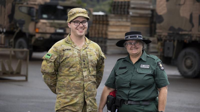 Lieutenant Tim Elphick from 1st/19th Battalion, Royal New South Wales Regiment, with his mum, Mrs Karen Elphick, in Lismore, while deployed on Operation Flood Assist 2022. Photo: Corporal Sagi Biderman