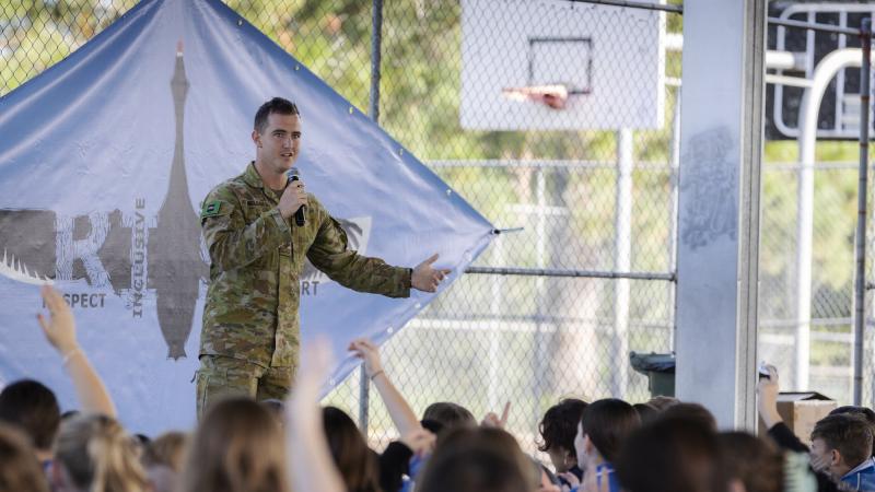 Corporal Mitchell McLean from the 1st Combat Signal Regiment talks to Casino High School students during a visit to his former school in Casino. Photo: Corporal Sagi Biderman