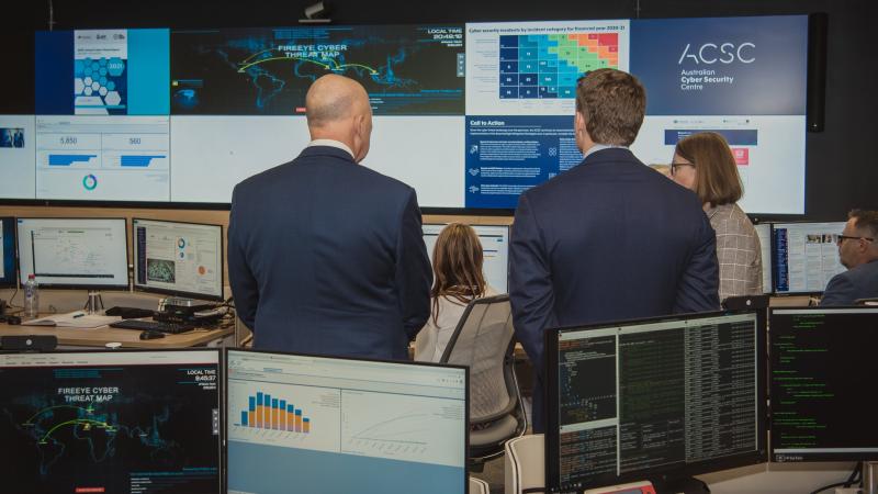 Minister for Defence Peter Dutton and Assistant Minister for Defence Andrew Hastie at the new Australian Signals Directorate cyber and foreign intelligence facility in Canberra.