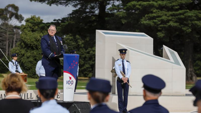 Air Force Principal Air Chaplain, Chaplain Mark Willis, addresses the audience during the Air Force Centenary Memorial dedication. Photo: Corporal Kieren Whiteley