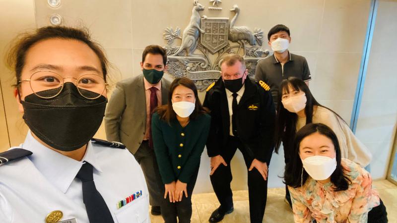 Royal Australian Air Force personnel capability officer Squadron Leader Esther Suh, left, with the Australian Embassy team in Seoul, Korea. Photo: Department of Defence
