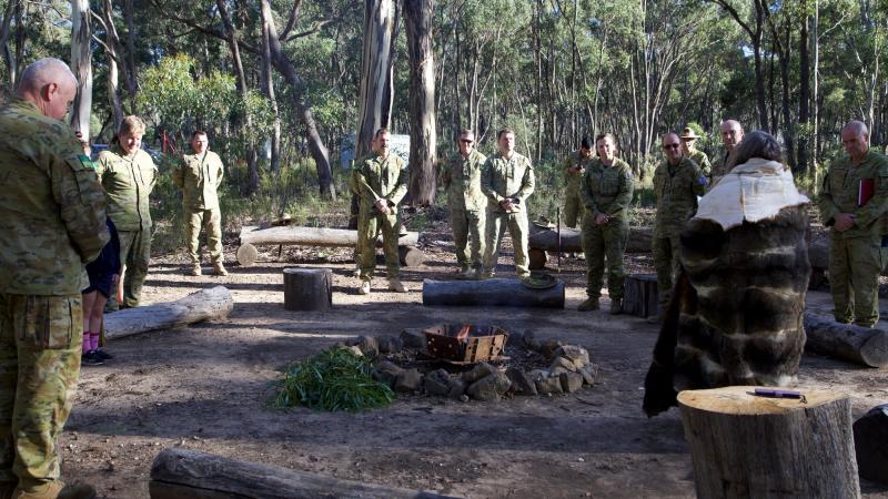 Australian Army soldiers and Defence civilian staff from Puckapunyal and Defence Plaza Melbourne participate in a Welcome to Country.