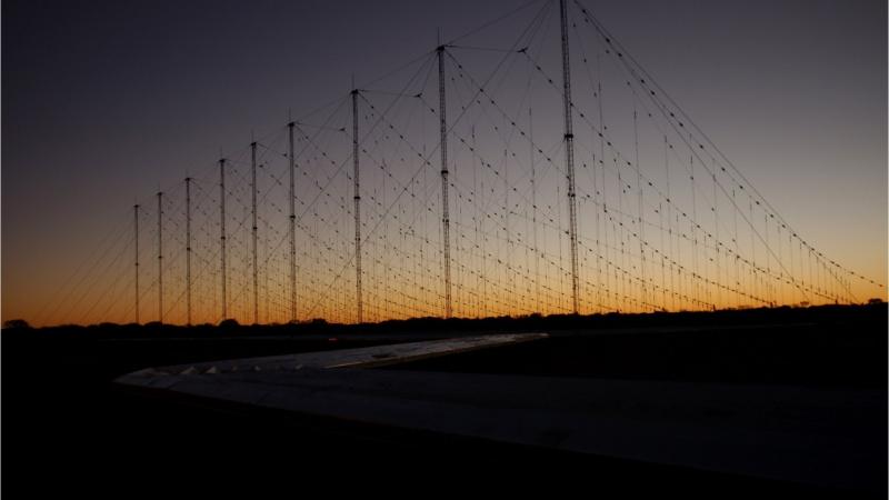 A Jindalee Operational Radar Network (JORN) transmitter site at sunset, Harts Range, Alice Springs. Photo: Leading Aircraftwoman Sonja Canty