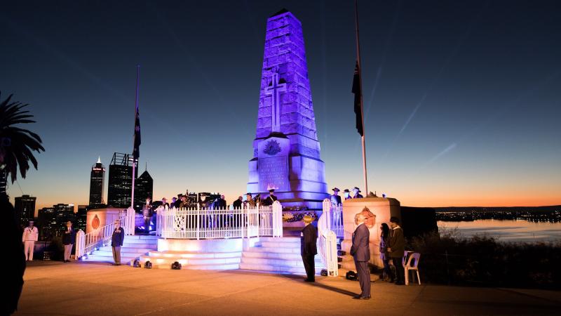 The Anzac Monument shines bright against the pre-dawn sky at Perth's Anzac Day 2018 Dawn Service at Kings Park. Photo: Able Seaman Christopher Szumlanski