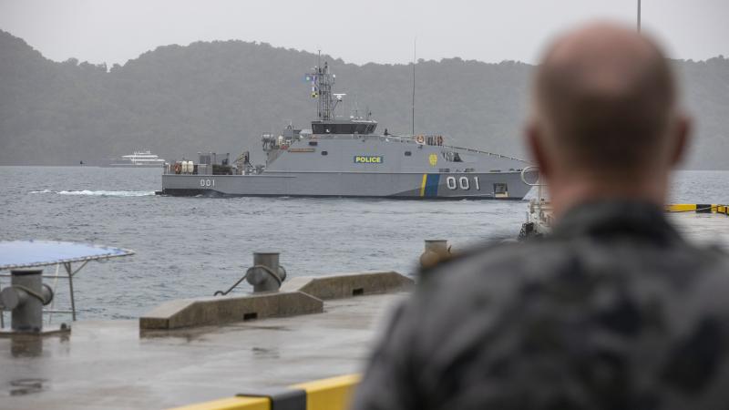 Palau's new Guardian-class patrol boat PSS President HI Remeliik II sails from its home port to commence maritime patrols as part of Operation Rai Balang. Photo: Leading Seaman Nadav Harel