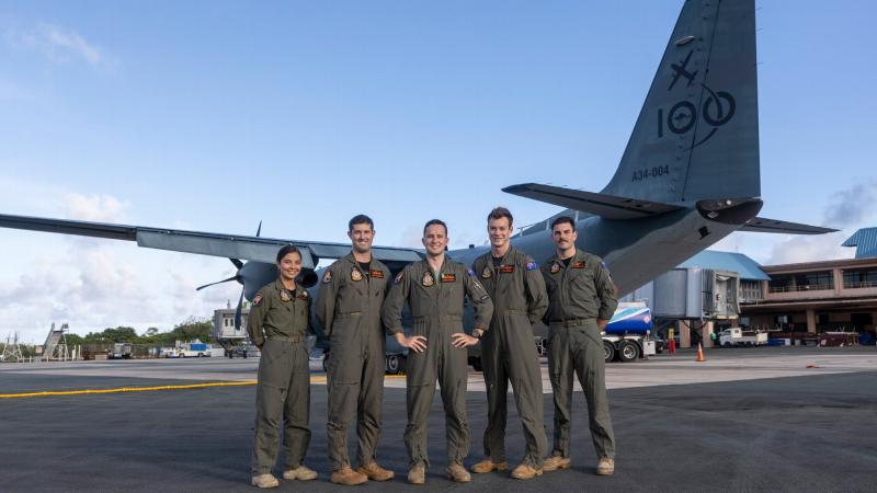 No. 35 Squadron aircrew deployed on Operation Solania stand proud in front of a C-27J Spartan in the Republic of Palau. Photo: Leading Seaman Nadav Harel