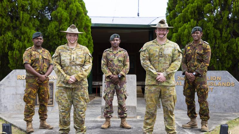 Papua New Guinea Defence Force and Australian Army personnel who were classmates at the Royal Military College at Duntroon are reunited at the Headquarters 2nd Battalion, Royal Pacific Islands Regiment, in Wewak, Papua New Guinea. 