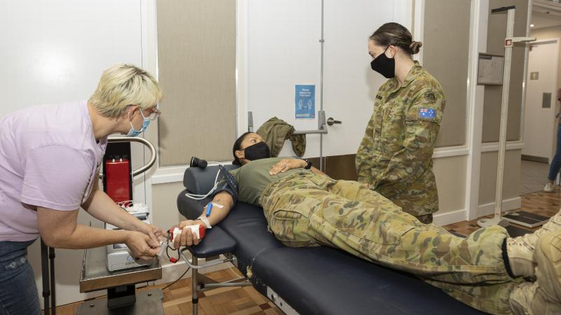 First-time donor Sergeant Nicole Hall donates blood at the Red Cross Lifeblood Ballina pop-up donor centre. Photo: Leading Seaman Jarrod Mulvihill