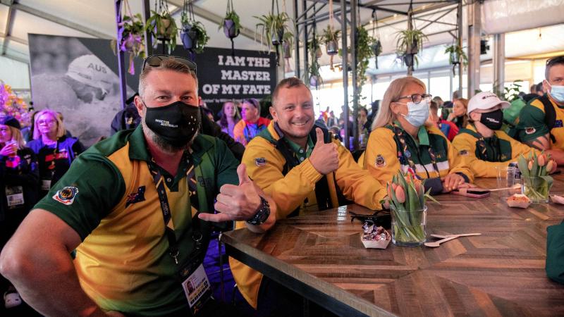 Invictus Games Team Australia competitors and their family and friends watch on as Prince Harry, The Duke of Sussex addresses the crowd during the welcome reception held at the Nations Home, Invictus Games Park in The Hague, the Netherlands.