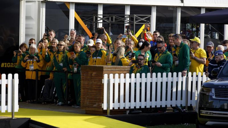 Invictus Games 2020 Team Australia competitors, along with friends and family, catch a glimpse of The Duke and Duchess of Sussex as they arrive at the Invictus Games 2020.