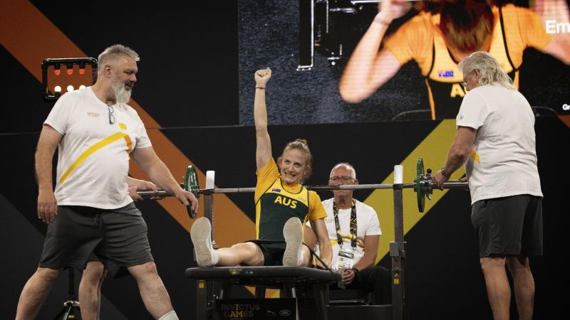 Invictus Games 2020 Team Australia competitor Emilea Mysko celebrates a successful lift during the women’s lightweight powerlifting event at Invictus Games Park in The Hague, Netherlands.
