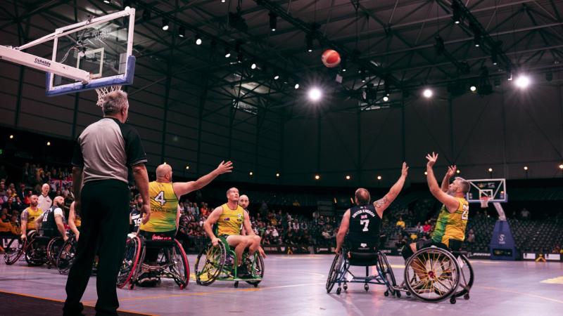 Invictus Games 2020 Team Australia competitor Stephen French takes a shot during the Wheelchair Basketball match against the United Kingdom at Invictus Games Park in The Hague