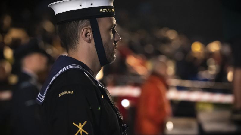 Australian Navy aviation technician Able Seaman Adrian Ebenwaldner from Australia’s Federation Guard stands at attention as part of the catafalque party during the 2022 Anzac Day dawn service at Gallipoli. Photo: Corporal David Cotton