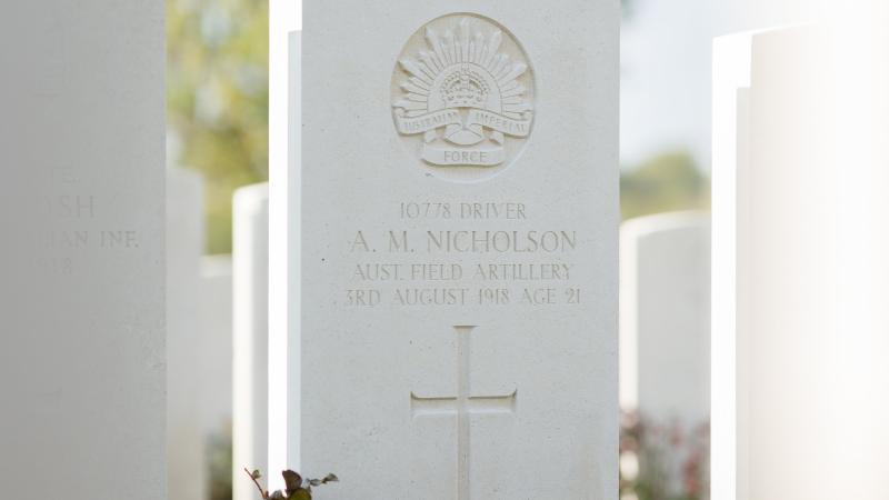 The unveiled headstone of recently identified First World War Australian Army soldier Driver Albert Nicholson at Adelaide Cemetery in Villers-Bretonneux, France.