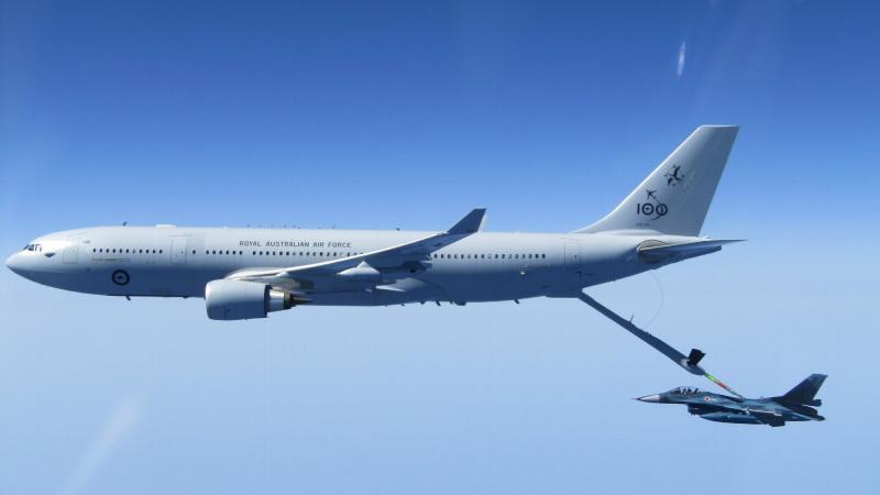 An air-to-air refuelling flight test between Royal Australian Air Force KC-30A Multi-Role Tanker Transport aircraft from No. 33 Squadron and Japan Air Self-Defense Force (JASDF or Koku-Jieitai) Mitsubishi F-2A over Japan.