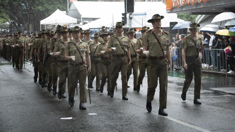 Commander of the 7th Brigade, Brigadier Michael Say, leads the Australian Army contingent in the Brisbane City Anzac Day parade. Photo: Major Roger Brennan