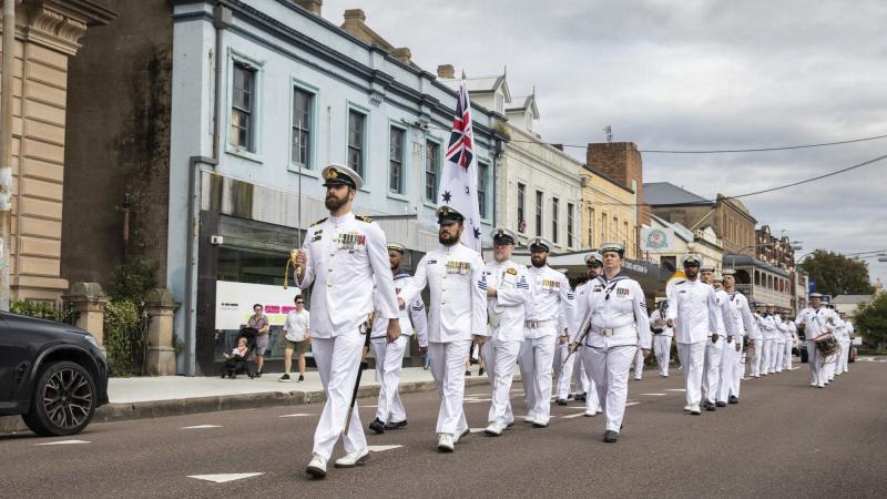 Commanding Officer of HMAS Maitland, Lieutenant Commander Jeremy Evain, leads the ship's company through the streets of Maitland, NSW, during the ship's final freedom of entry parade on April 2. Photo: Leading Aircraftman Samuel Miller